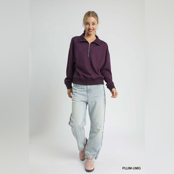Umgee Half Zip Drop Shoulder Sweatshirt - Picture 2 of 6